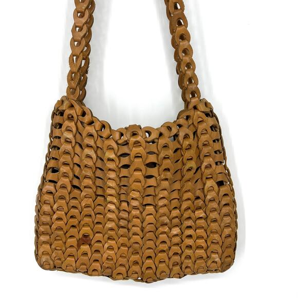 Handwoven Leather Crocheted Shoulder Bag Purse Caramel - Picture 9 of 10